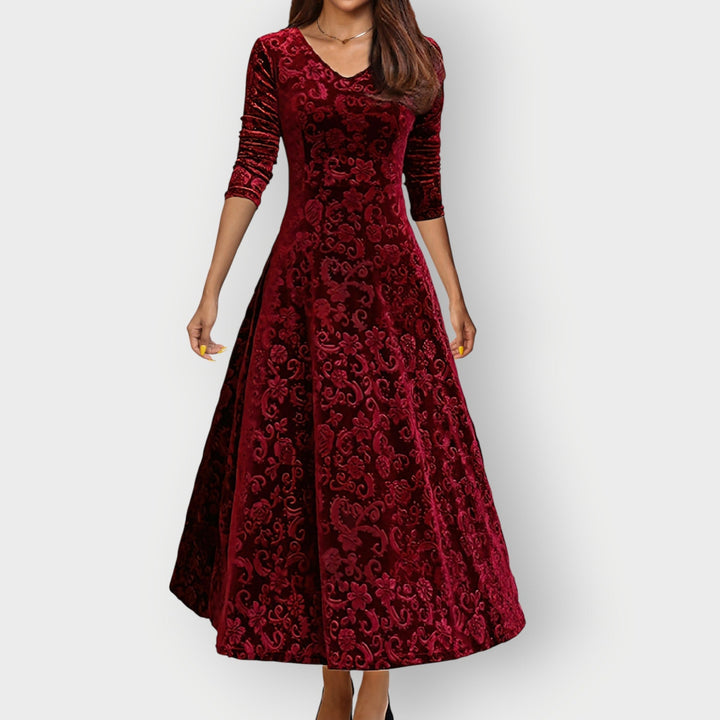Christina - Vintage-Inspired Jacquard Velvet Midi Dress