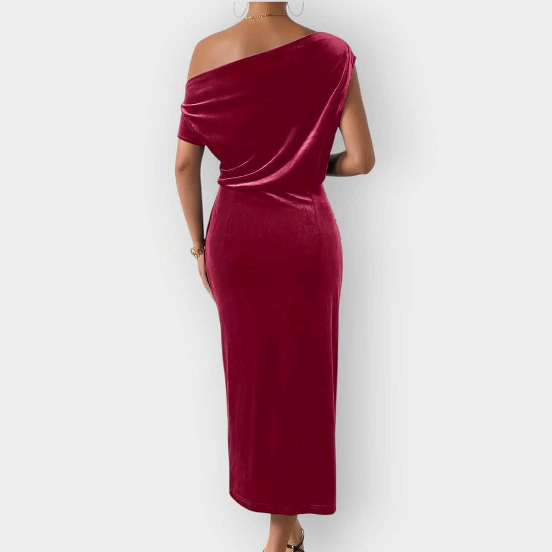 Anna – Off-Shoulder Draped Velvet Midi Dress