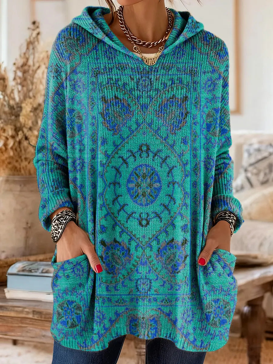 Retro Ethnic Print Hooded Tunic with Pockets