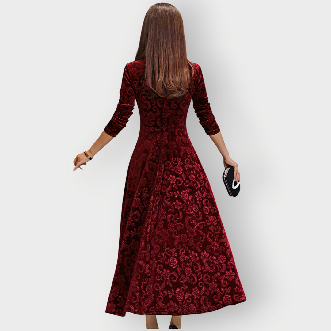 Christina - Vintage-Inspired Jacquard Velvet Midi Dress