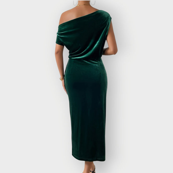 Anna – Off-Shoulder Draped Velvet Midi Dress