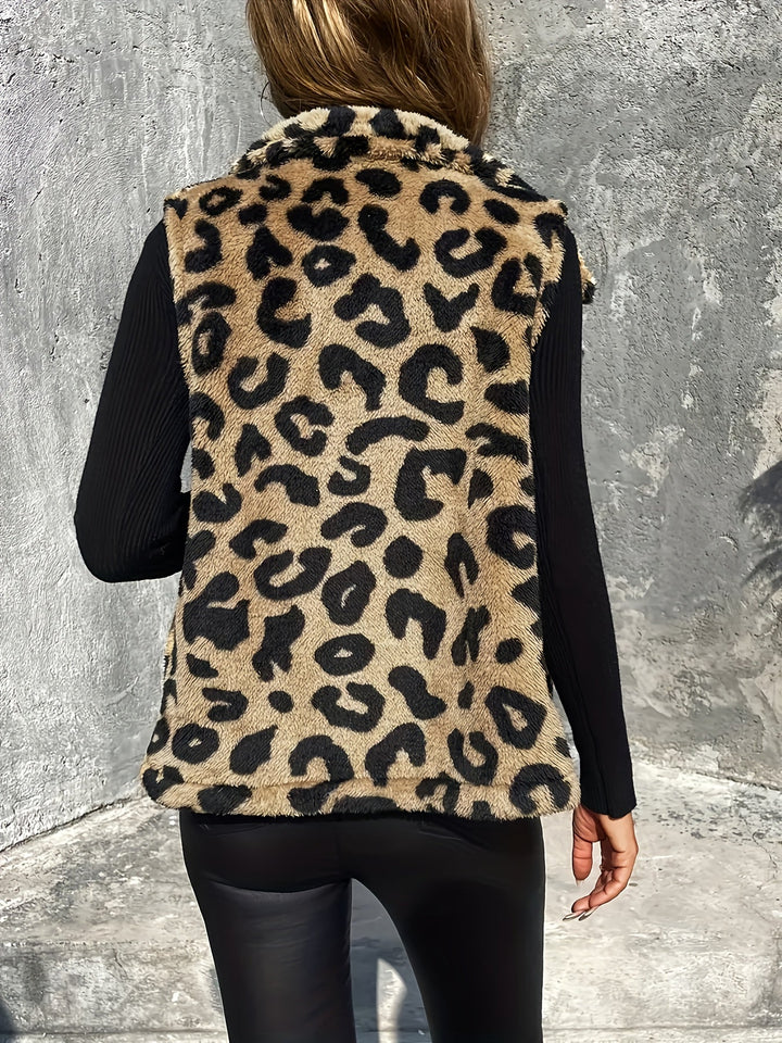 Sarah - Leopard Fleece High-Neck Vest