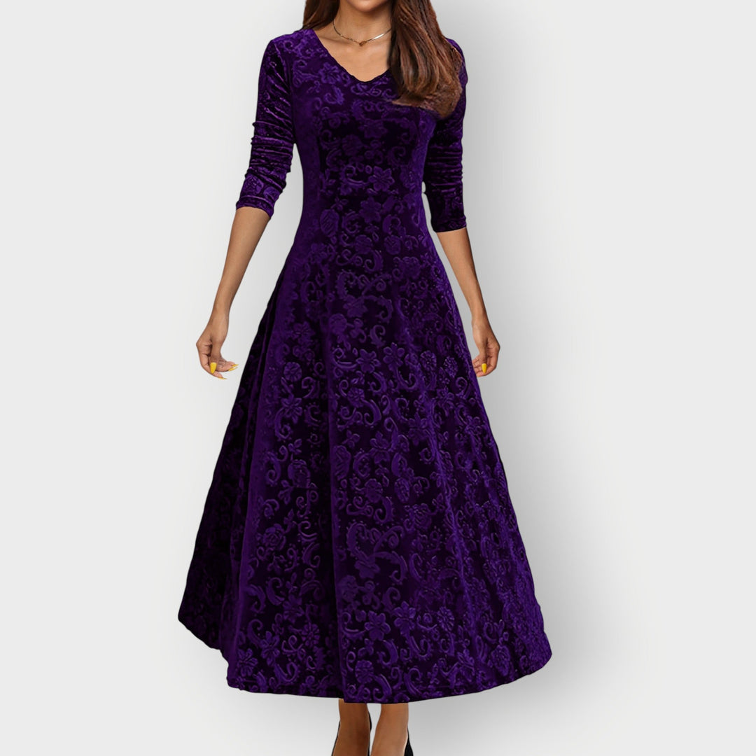 Christina - Vintage-Inspired Jacquard Velvet Midi Dress