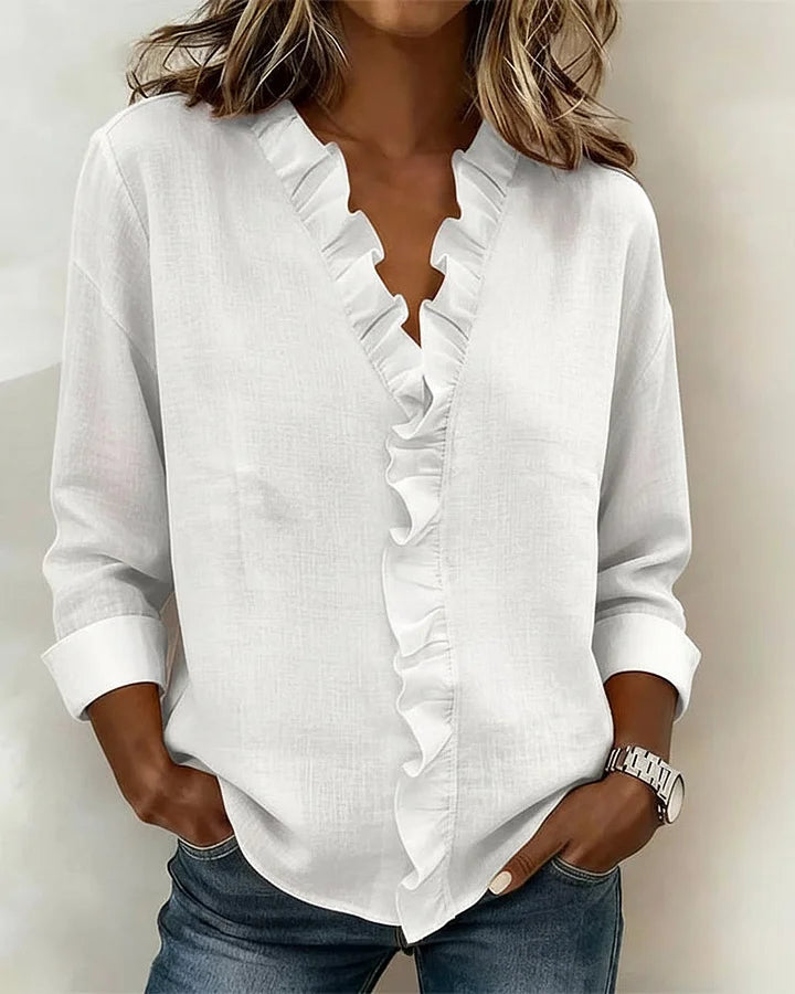 Kimberly - Blouse with Ruffles, V-Neck and Long Sleeves
