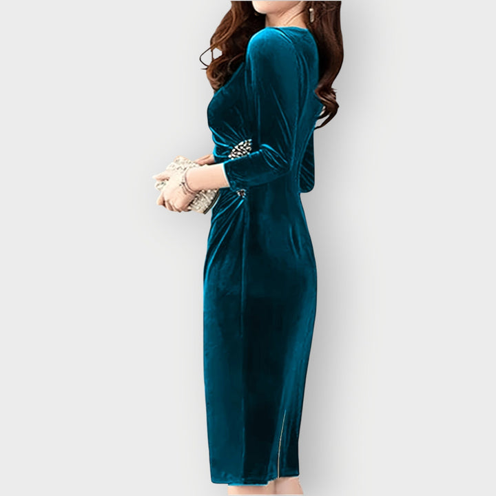 Jennifer - Velvet Slit Dress 3/4 Sleeve Slim Fit
