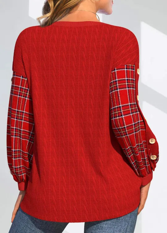 Catherine - Red Knit with Checked Sleeves