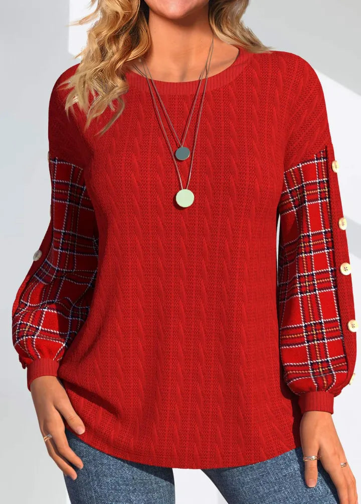 Catherine - Red Knit with Checked Sleeves