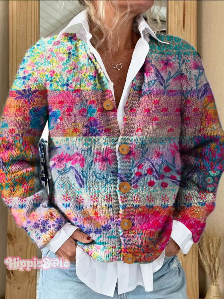 Colorful Stripes Floral Print Buttoned Cardigan Sweater