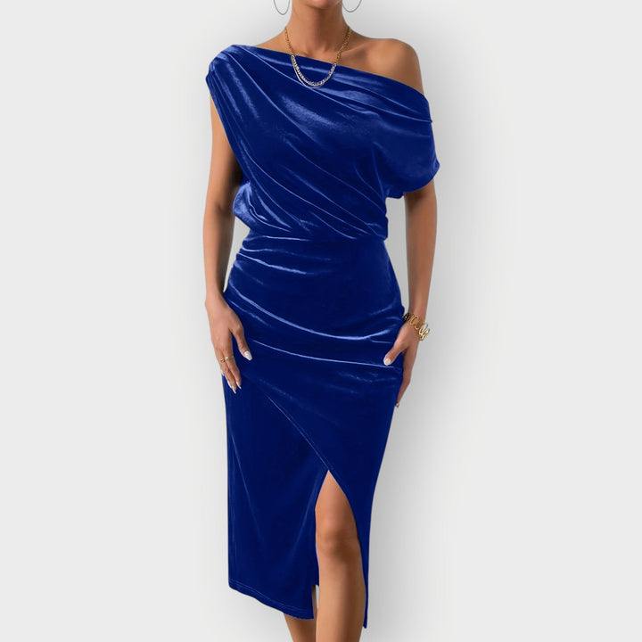 Anna – Off-Shoulder Draped Velvet Midi Dress