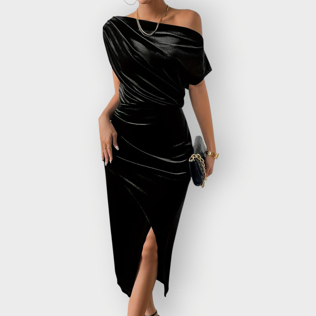 Anna – Off-Shoulder Draped Velvet Midi Dress