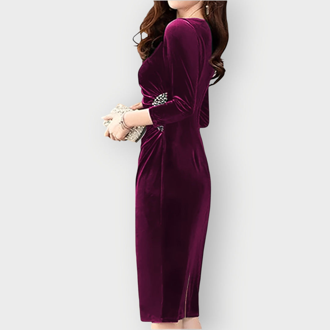 Jennifer - Velvet Slit Dress 3/4 Sleeve Slim Fit