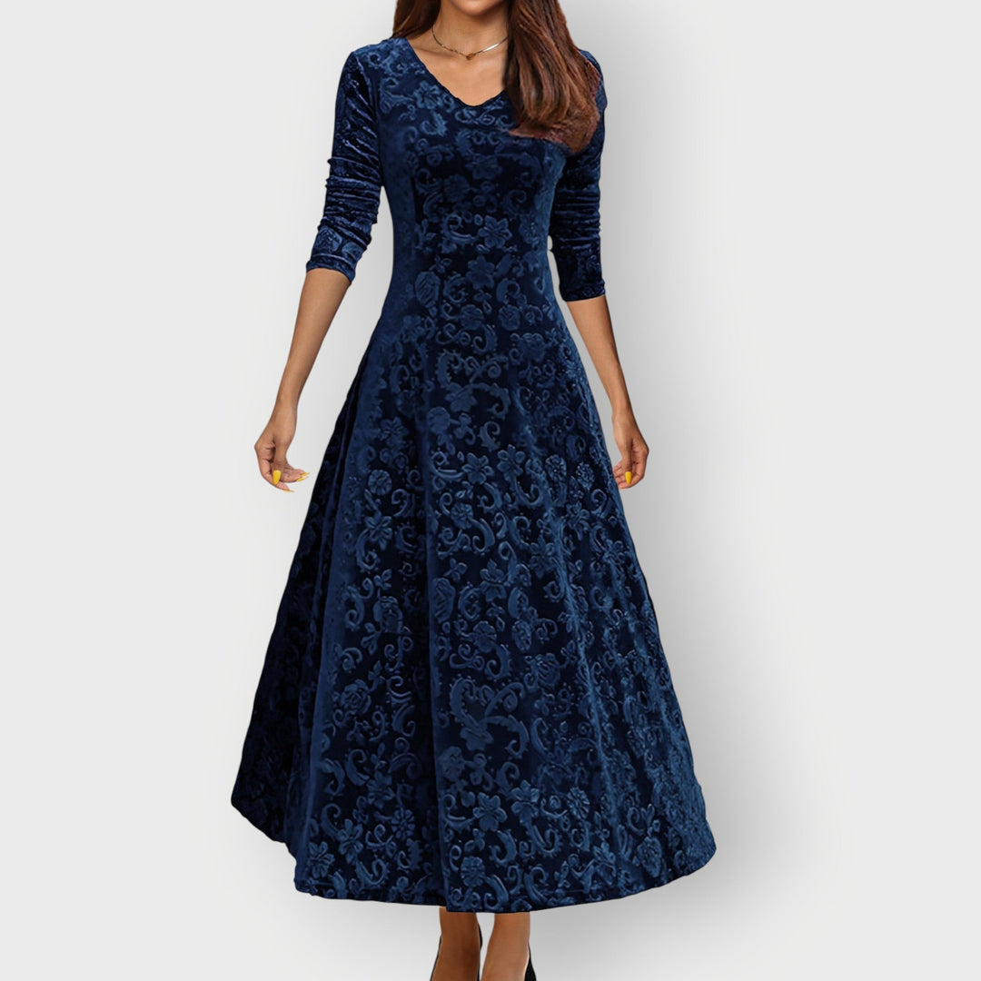 Christina - Vintage-Inspired Jacquard Velvet Midi Dress