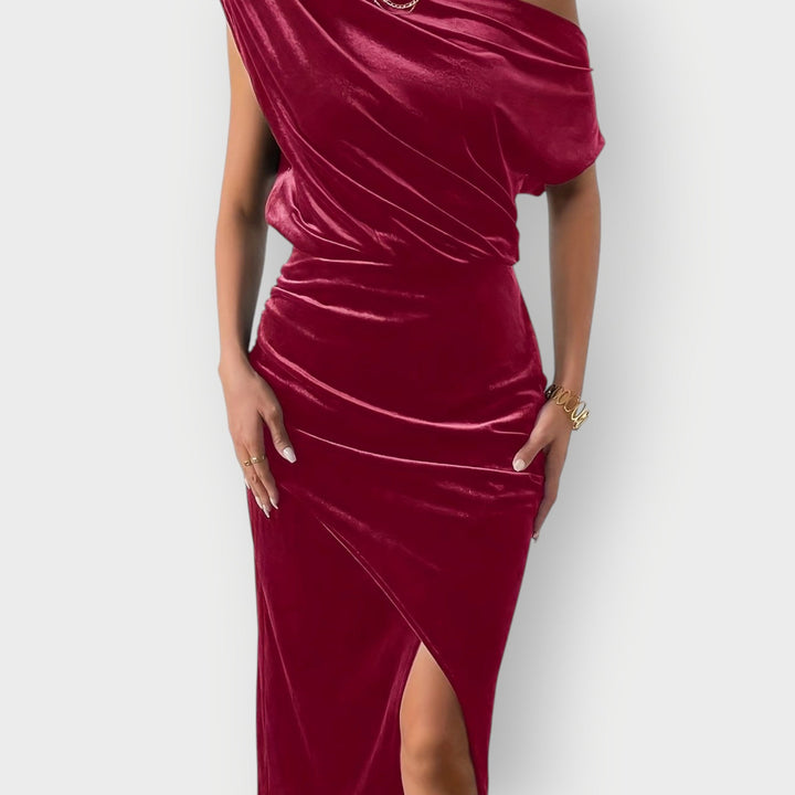 Anna – Off-Shoulder Draped Velvet Midi Dress