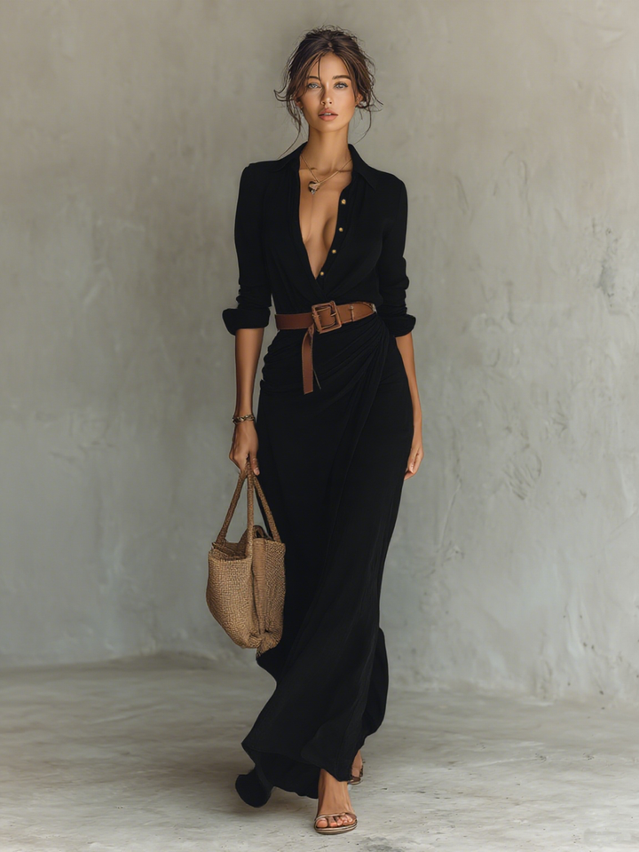 Ladies Lapel Single Breasted Long Sleeve Belted Maxi Dress