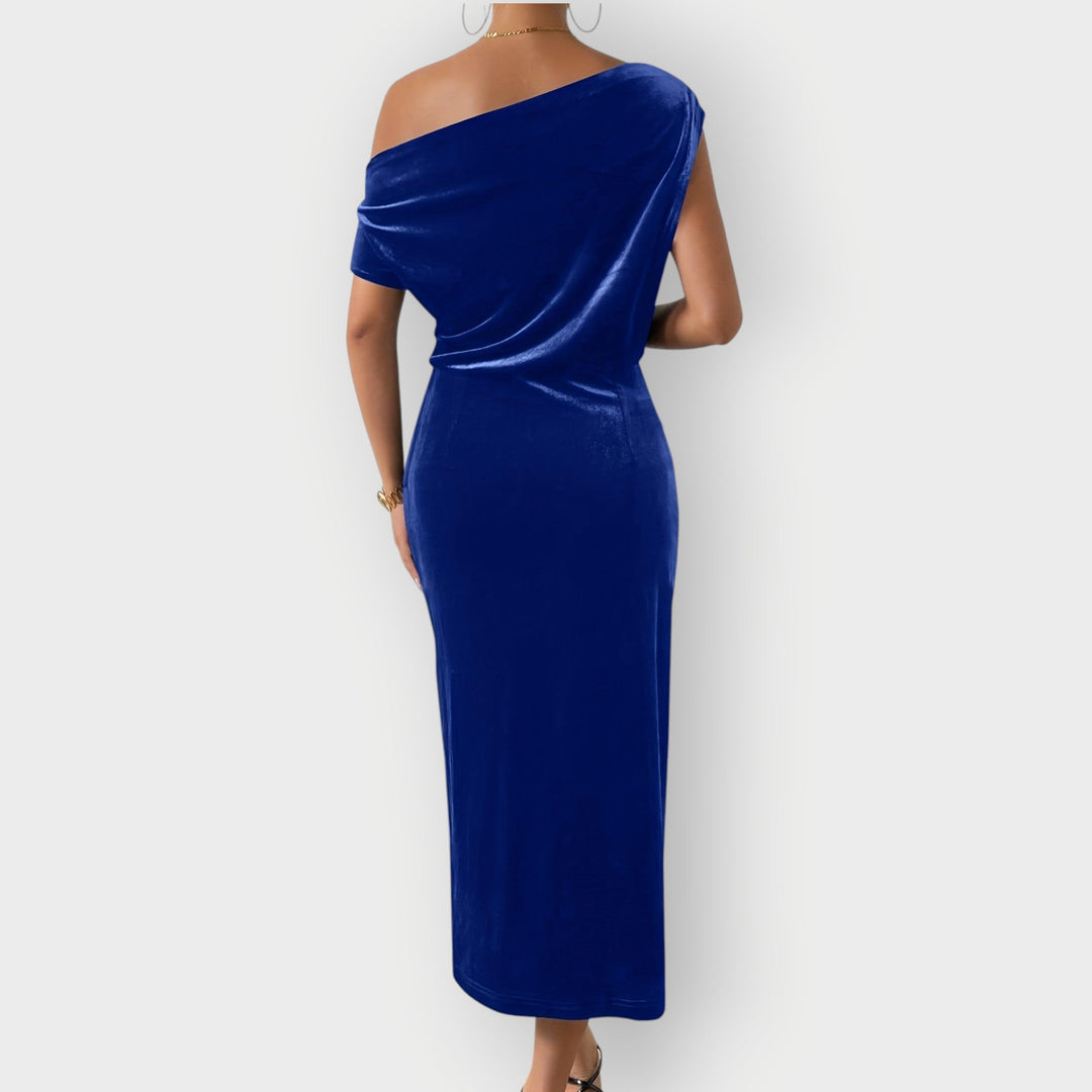 Alexis – Off-Shoulder Draped Velvet Midi Dress