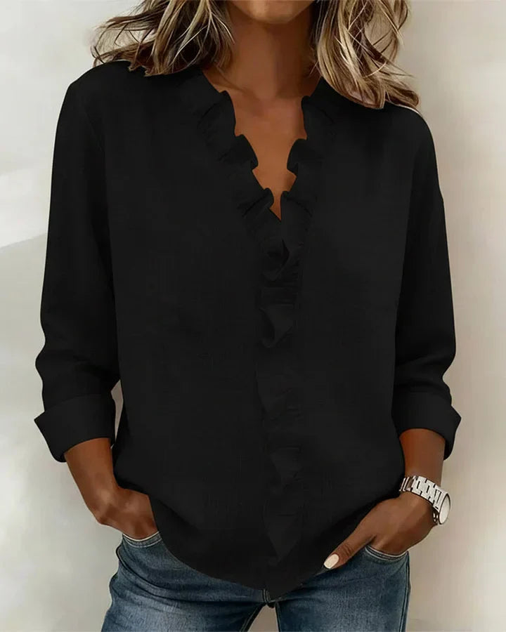 Kimberly - Blouse with Ruffles, V-Neck and Long Sleeves