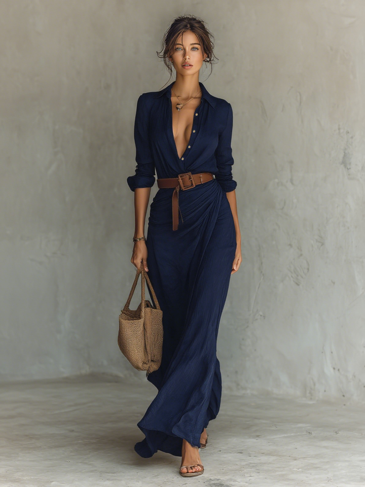 Ladies Lapel Single Breasted Long Sleeve Belted Maxi Dress