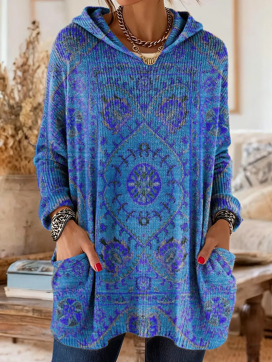 Retro Ethnic Print Hooded Tunic with Pockets