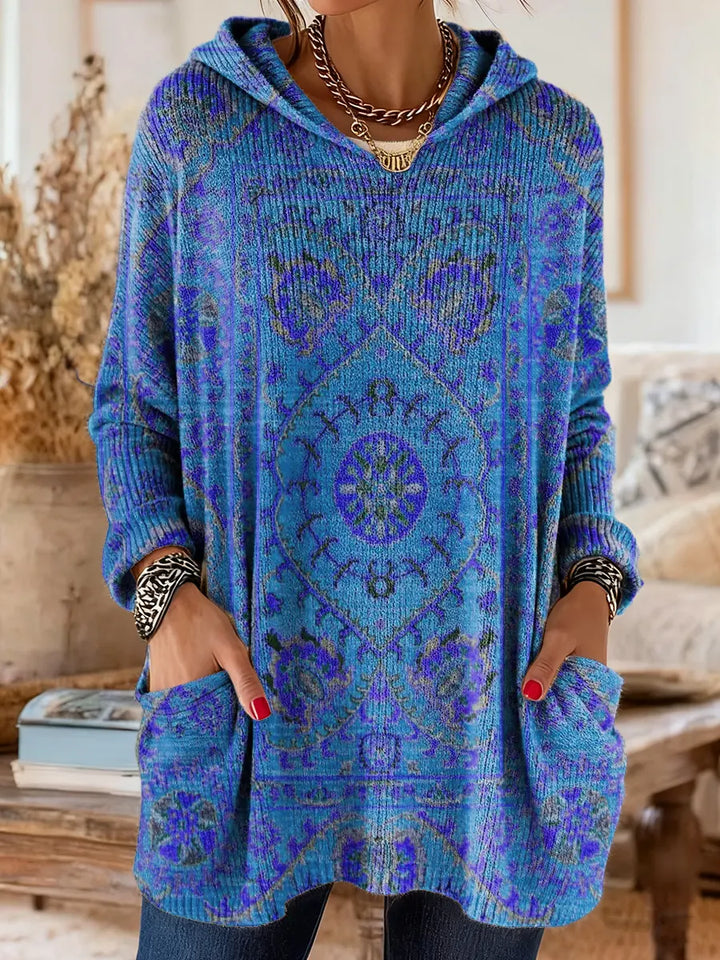 Retro Ethnic Print Hooded Tunic with Pockets