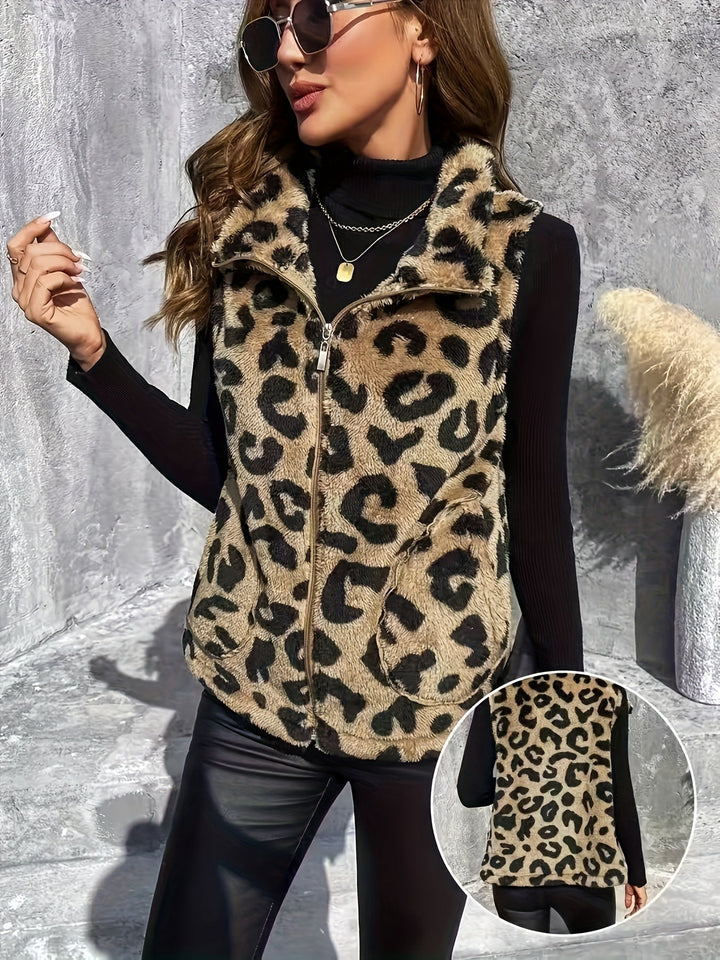 Sarah - Leopard Fleece High-Neck Vest