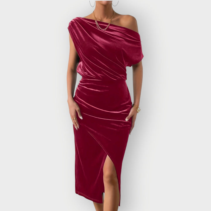 Anna – Off-Shoulder Draped Velvet Midi Dress
