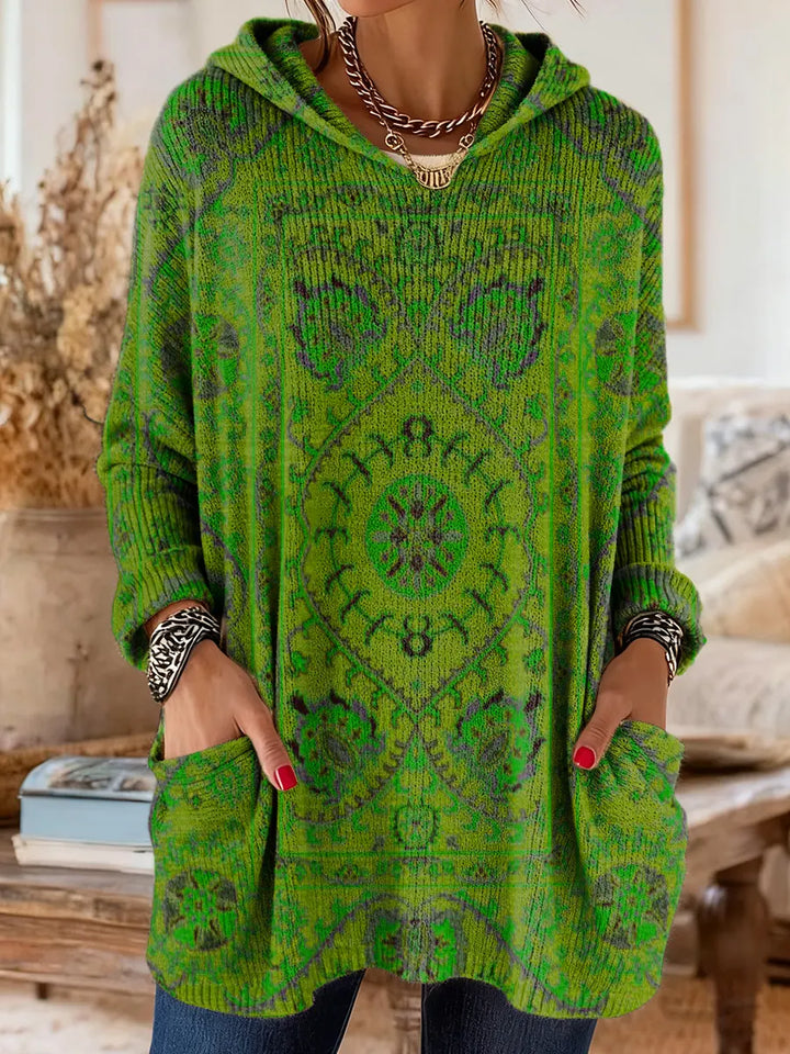 Retro Ethnic Print Hooded Tunic with Pockets