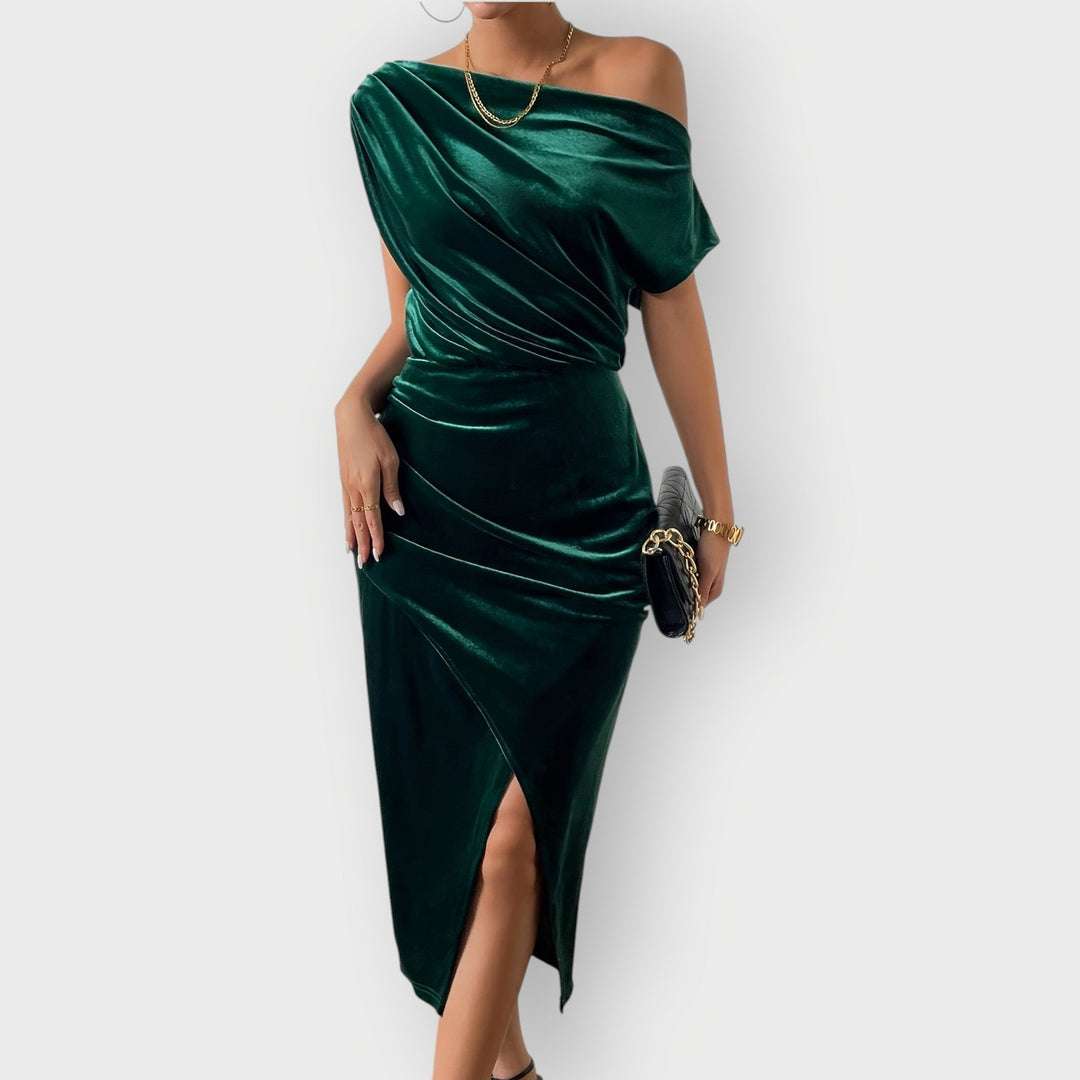 Alexis – Off-Shoulder Draped Velvet Midi Dress