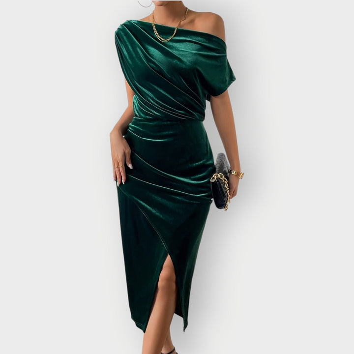 Alexis – Off-Shoulder Draped Velvet Midi Dress