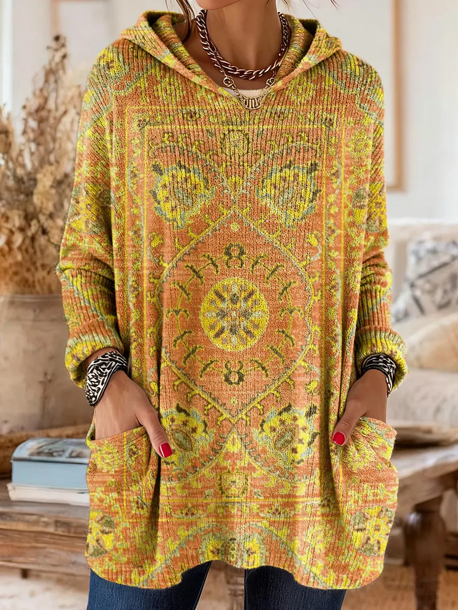 Retro Ethnic Print Hooded Tunic with Pockets