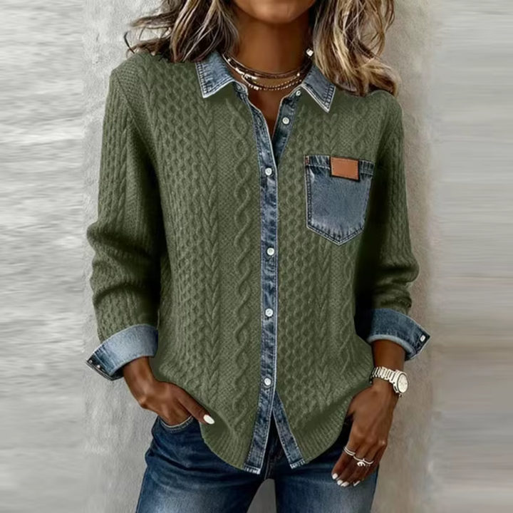 Nora - Patchwork Knit Top with Denim Details