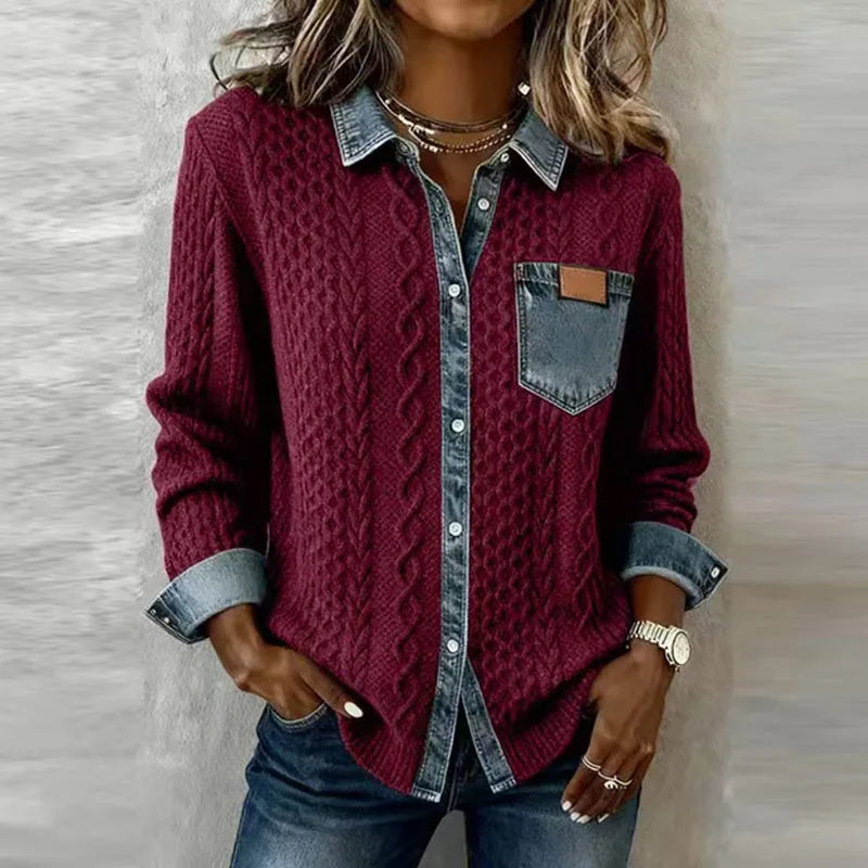 Nora - Patchwork Knit Top with Denim Details