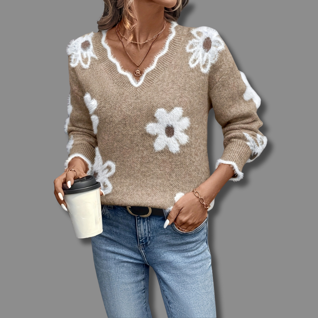 Thea - Elegant V-Neck Floral Sweater