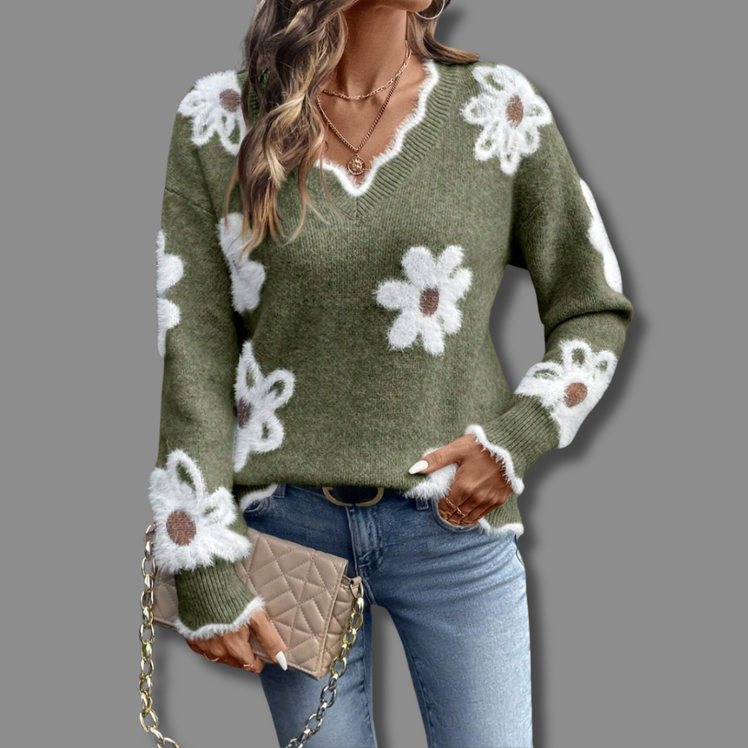 Thea - Elegant V-Neck Floral Sweater