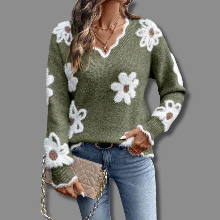 Thea - Elegant V-Neck Floral Sweater