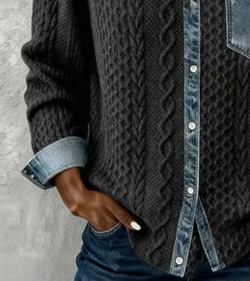 Nora - Patchwork Knit Top with Denim Details