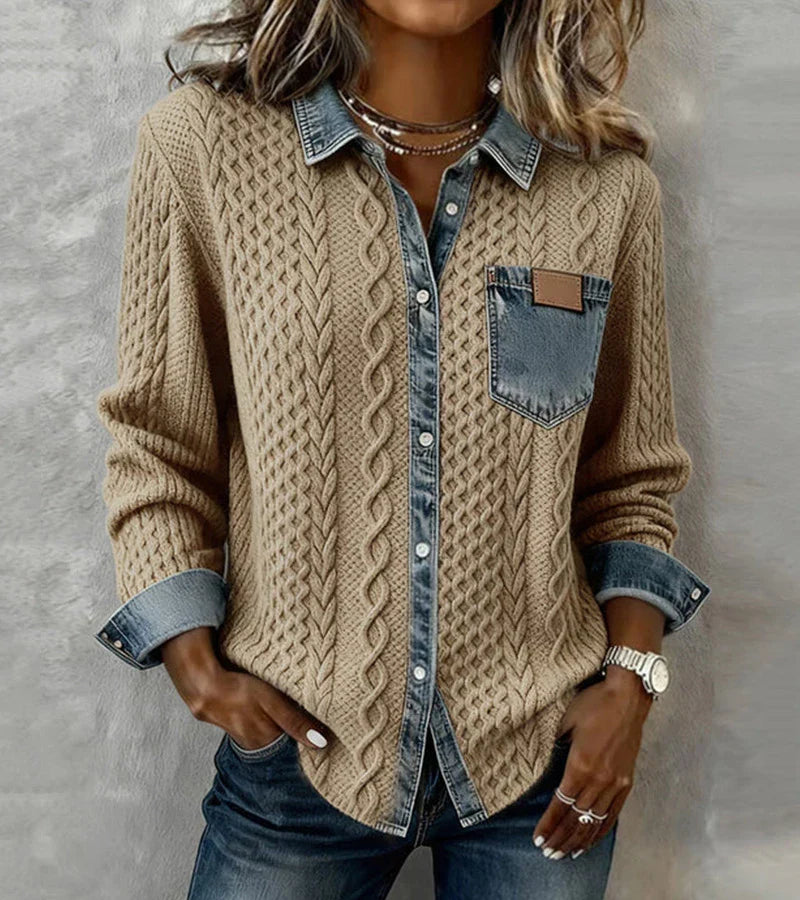 Nora - Patchwork Knit Top with Denim Details