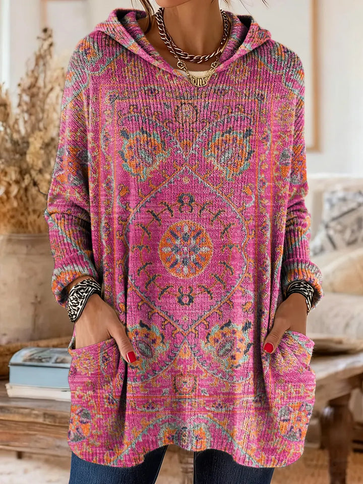 Retro Ethnic Print Hooded Tunic with Pockets