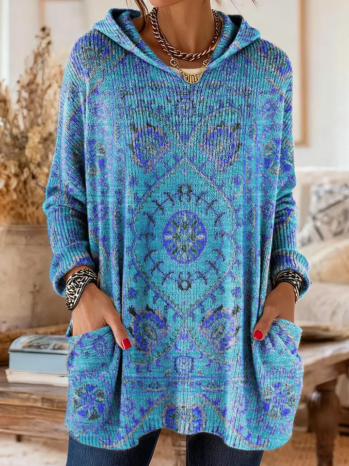 Retro Ethnic Print Hooded Tunic with Pockets