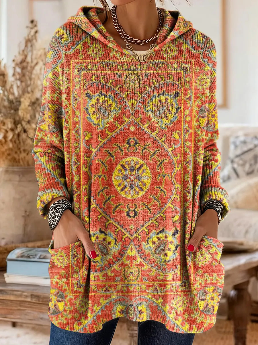 Retro Ethnic Print Hooded Tunic with Pockets