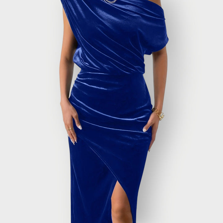 Anna – Off-Shoulder Draped Velvet Midi Dress