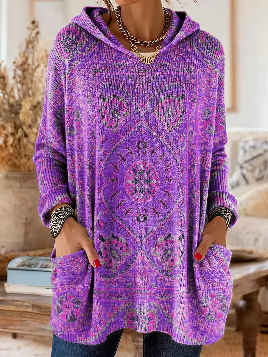 Retro Ethnic Print Hooded Tunic with Pockets