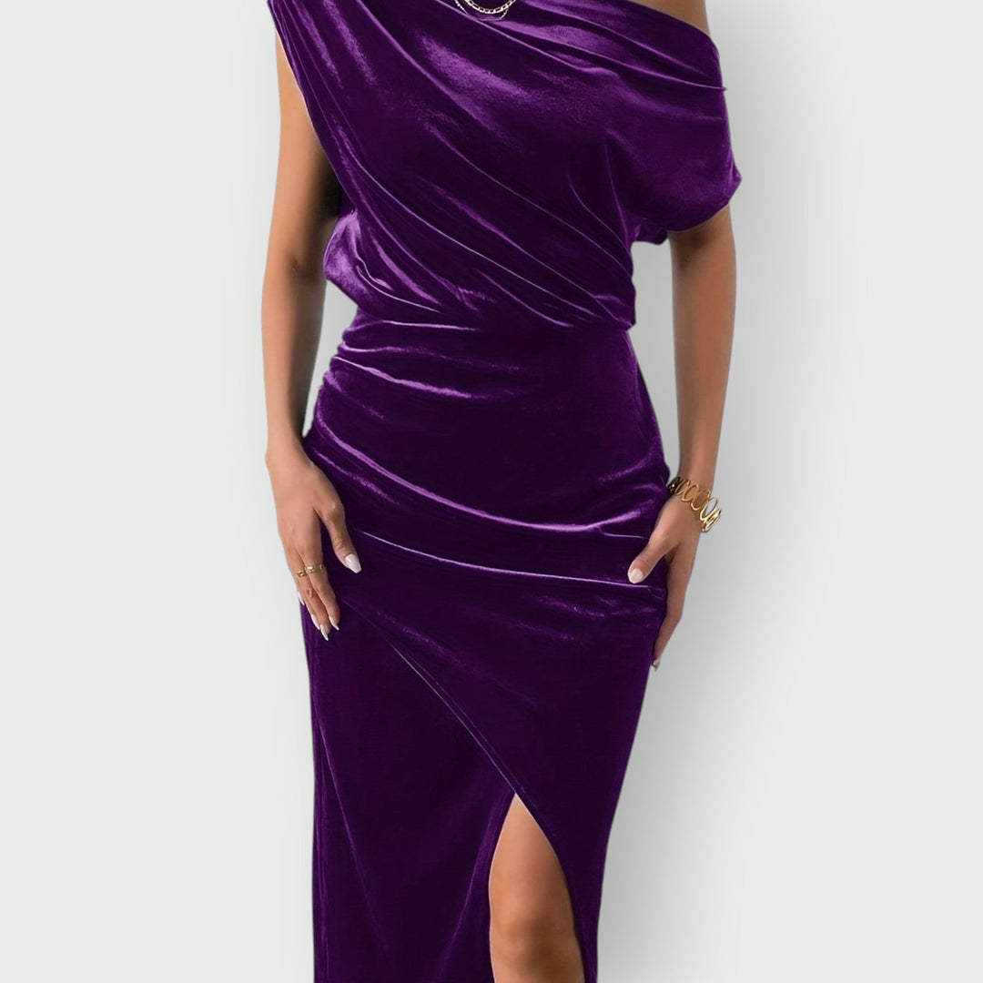 Anna – Off-Shoulder Draped Velvet Midi Dress