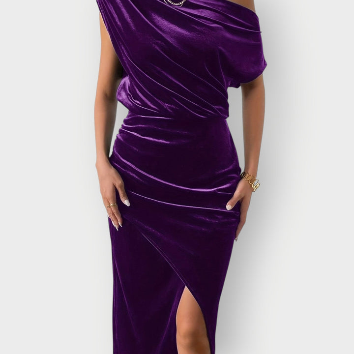 Alexis – Off-Shoulder Draped Velvet Midi Dress