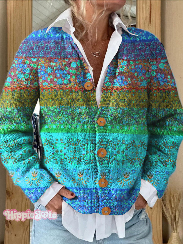 Colorful Stripes Floral Print Buttoned Cardigan Sweater