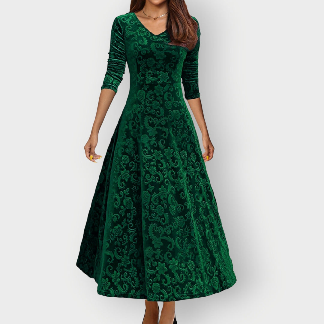 Christina - Vintage-Inspired Jacquard Velvet Midi Dress