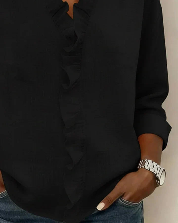 Kimberly - Blouse with Ruffles, V-Neck and Long Sleeves
