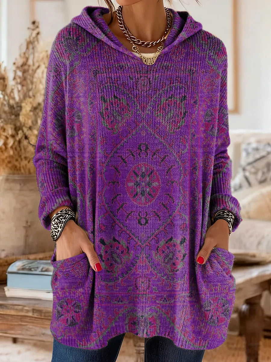 Retro Ethnic Print Hooded Tunic with Pockets