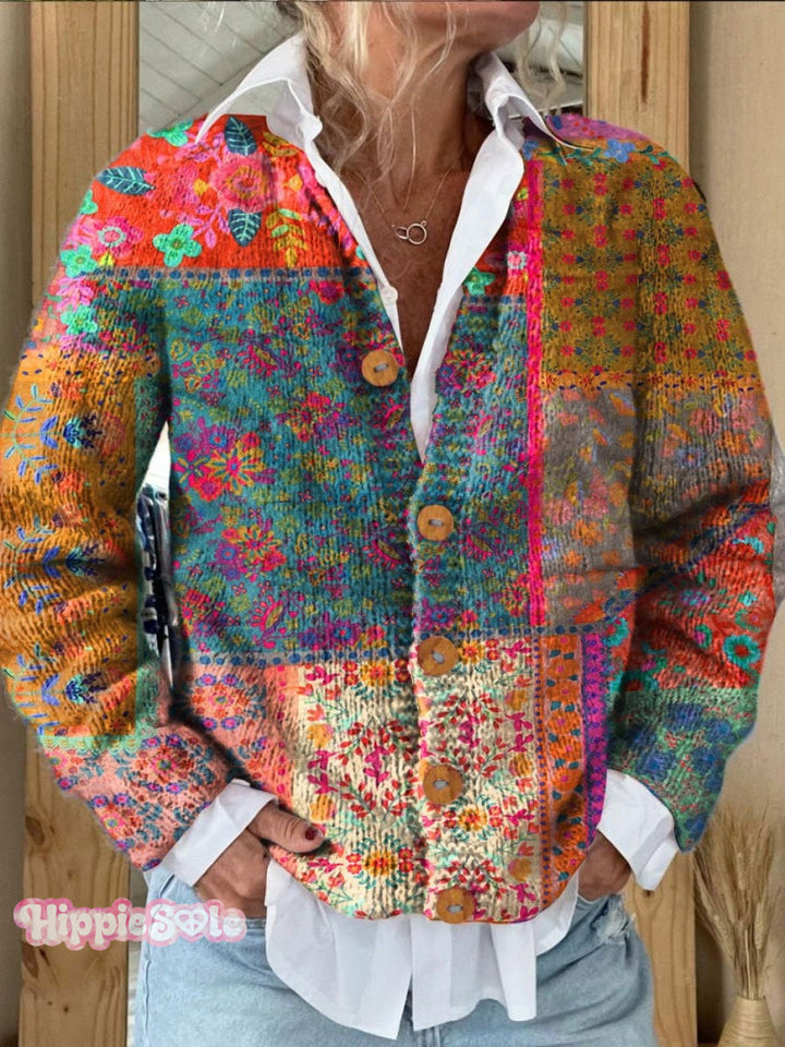 Colorful Stripes Floral Print Buttoned Cardigan Sweater
