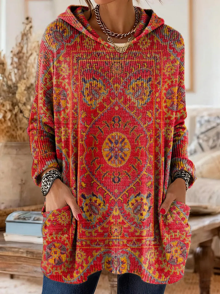 Retro Ethnic Print Hooded Tunic with Pockets