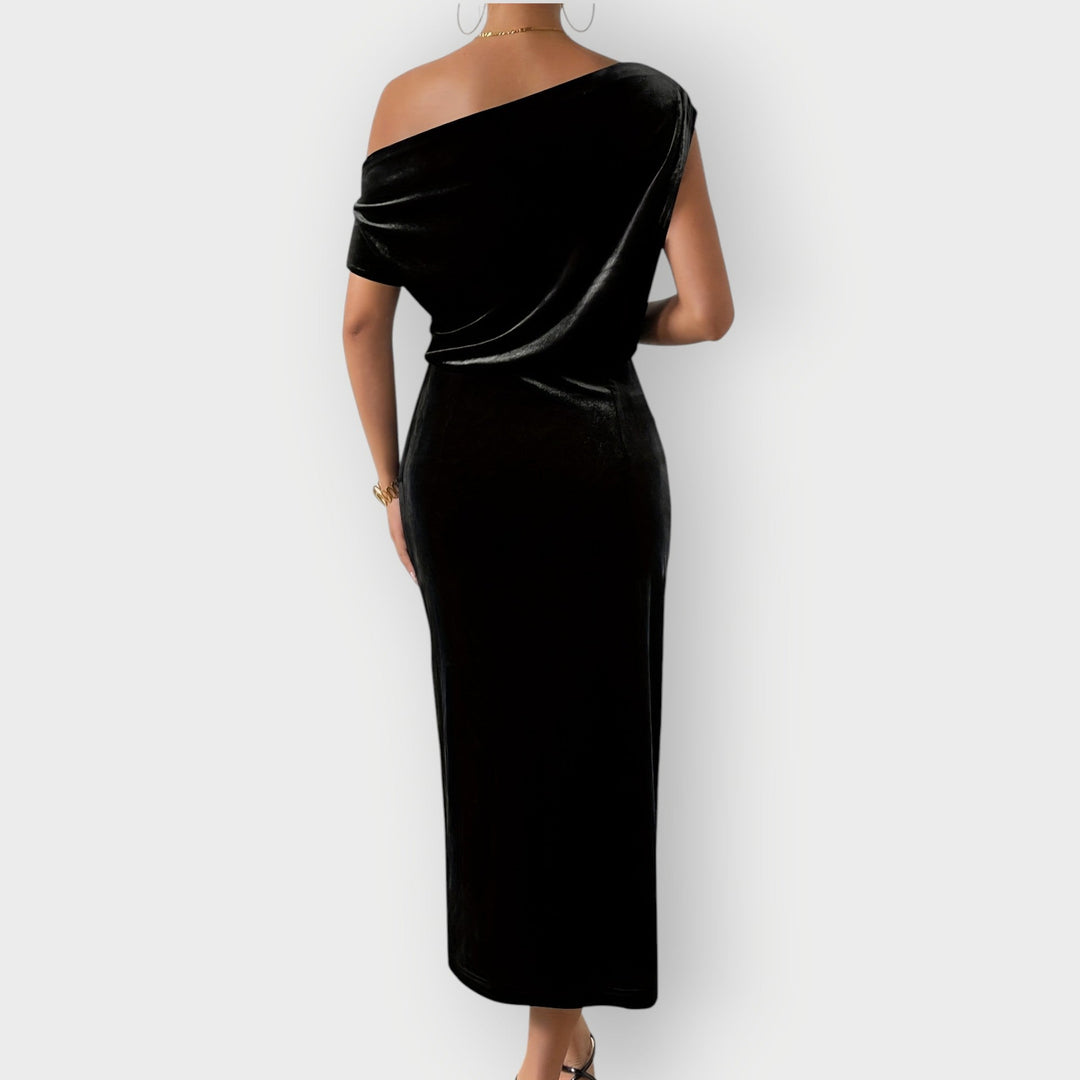 Alexis – Off-Shoulder Draped Velvet Midi Dress